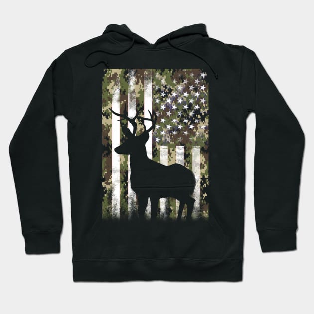 Deer Elk Buck Camouflage Camo US Flag Hunting Hoodie by Dual Rogue